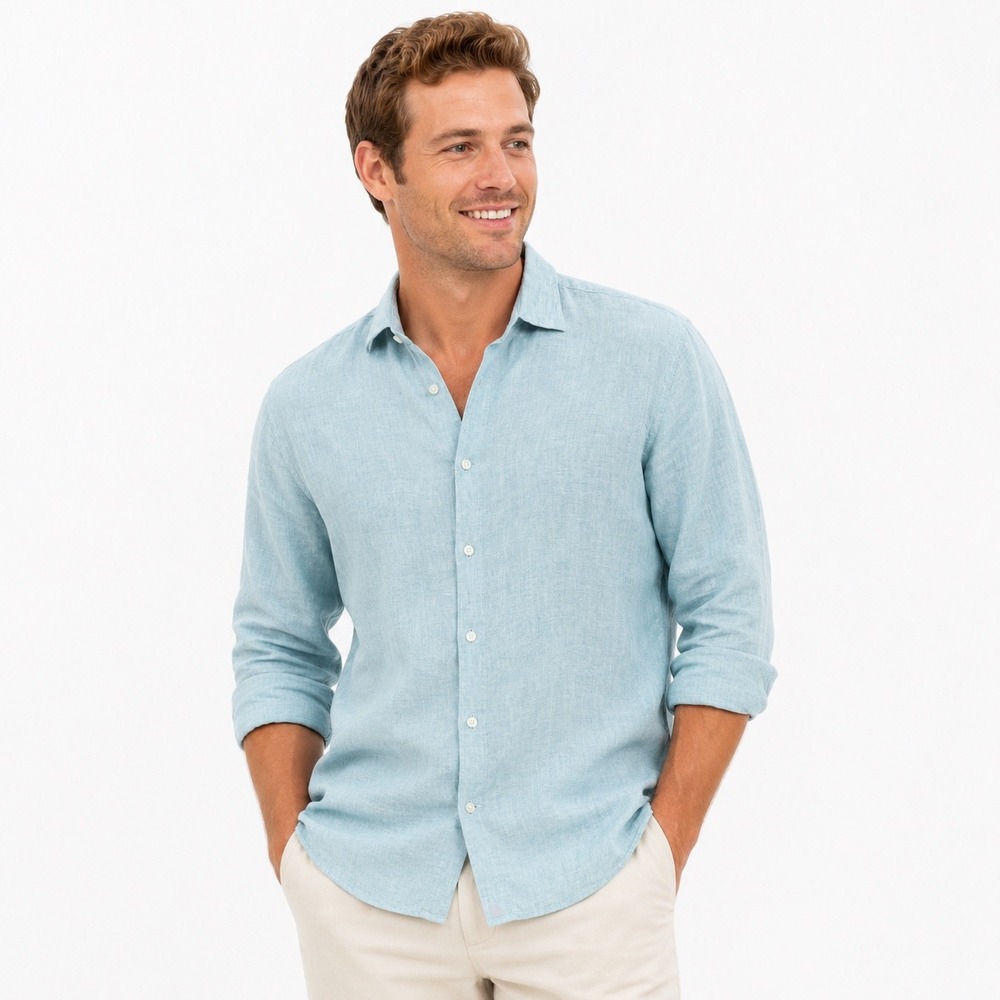 UNTUCKit Linen Button Down Shirt Mens Large Blue Slim Fit Long Sleeve Coastal